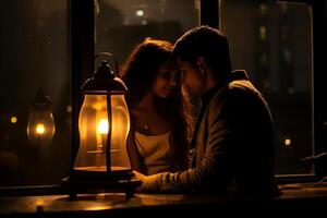 AI generated Happy Couple Enjoying a Romantic Valentines Day Dinner Date with Space for Text photo