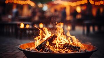 AI generated Friends and family around roaring bonfire or barbecue pit with blurred background photo