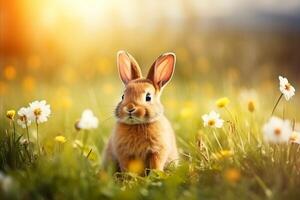 AI generated Adorable Little Rabbit Relaxing in a Field of Summer Flowers with Ample Space for Text. Easter photo