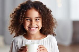 AI generated Happy child girl enjoying healthy milk with empty space for adding text or advertising photo