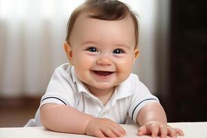ai generado contento sonriente bebé sentado a mesa con blanco espacio para texto o anuncios foto