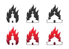 Church on fire icon set. Christian church in flames. Vector illustration.