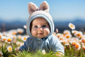 ai generado alegre bebé celebrando Pascua de Resurrección con conejito orejas, disfrutando un juguetón día en el soleado verde césped foto