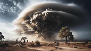 AI generated Destructive tornado unleashes raw power, transforming the landscape with debris and dust photo