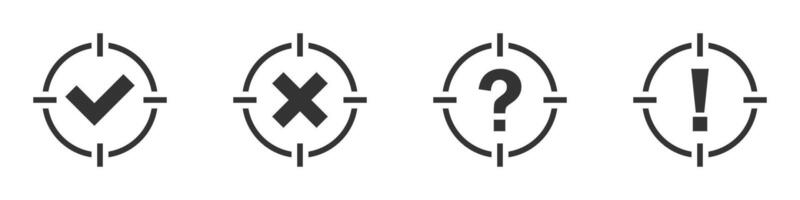 Target icon with check mark cross exclamation point and question mark. Vector illustration.