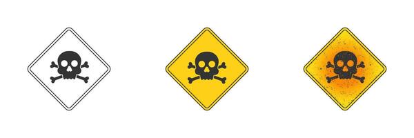 Hazard sign in yellow color with crossbones and grunge texture. Danger sign. Toxic warning symbol. Skull icon. Vector illustration.