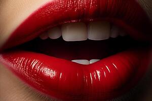 ai generado sensual rojo labios y vacío espacio para texto, maquillaje y belleza concepto foto