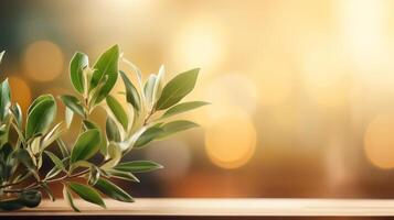AI generated Close up of young olive tree with green leaves and copy space, blurred background photo