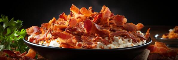 AI generated Crispy fried bacon strips background. Delicious banner for food lovers. Perfect for restaurants. photo