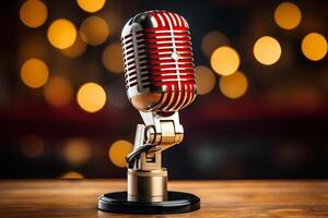 AI generated Bokeh microphone with customizable text area, ideal for artistic designs and promotional purposes. photo