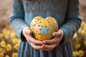 AI generated Autism awareness. child holding puzzle heart symbol with copy space for world autism day concept photo