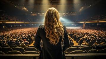 AI generated Confident businesswoman delivering powerful keynote address at conference with insights photo