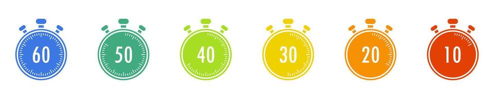 Set of colorful timers. 10, 20, 30, 40, 50, and 60 minutes. Countdown timer icon set. Stopwatch. Clock. Vector illustration.