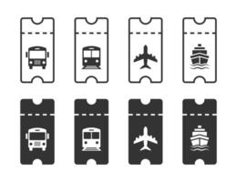 Set of icons of passenger tickets for bus, train, plane and ship. Vector Illustration.