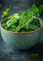 AI generated Fresh mint in bowl on dark background selective focus photo