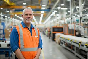 AI generated Man in high vis vest stands in factory photo