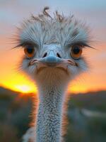 AI generated Ostrich looking at the camera with sunset in the background photo