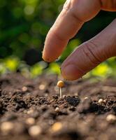 ai generado agricultores mano plantando semilla en suelo foto