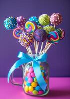 AI generated Colorful candies and lollipops in glass jar on purple background photo