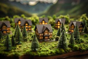 ai generado miniatura casas en Navidad pueblo en el montañas foto