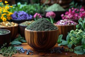 AI generated Dried herbs and flowers in bowls on wooden table photo