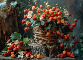 ai generado todavía vida con salvaje fresas en cesta foto