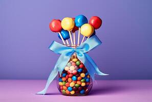 AI generated Colorful candies and balloons in glass jar photo