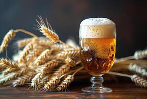 AI generated Glass of cold light beer with wheat on the wooden table photo