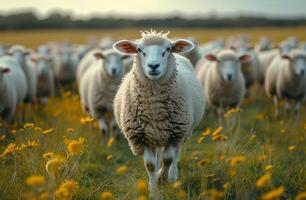 AI generated Sheep running in field with other sheep. Many sheep walking in a grassy field photo