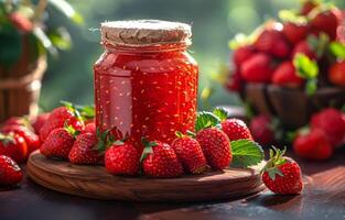 AI generated Jar of strawberry jam on wooden table photo