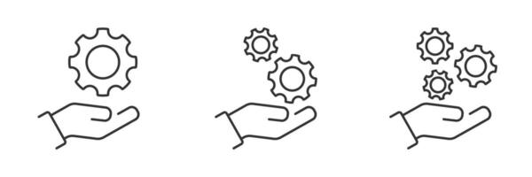 Hand with gear. Installation and support icons. Configure, engineer, industry development system, setting or install update, control service. Vector illustration.