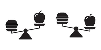 escala icono con hamburguesa y manzana en. sano nutrición concepto. plano vector ilustración.