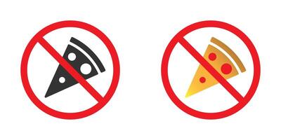 Pizza ban icon. Pizza in red crossed out circle. No food allowed icon. Vector illustration.