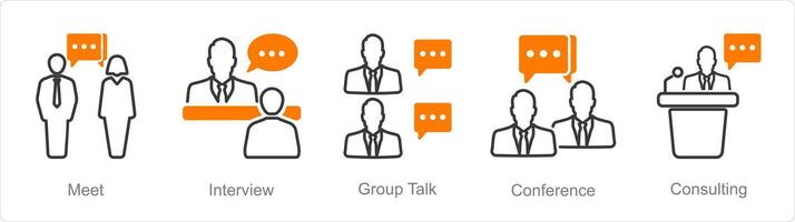 A set of 5 Meeting icons as meet, interview, group talk vector