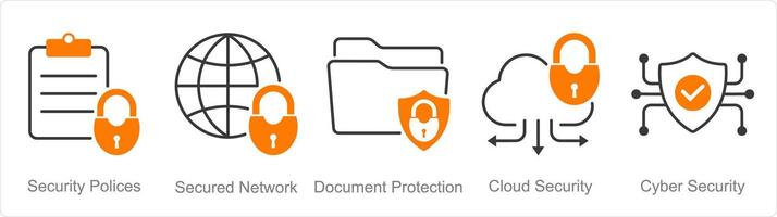 A set of 5 security icons as security policies, secured network, document protection vector