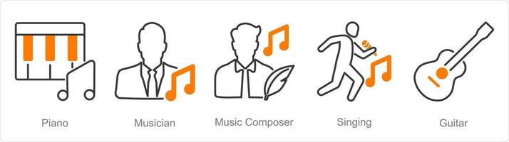 A set of 5 Music icons as piano, musician, music composer vector