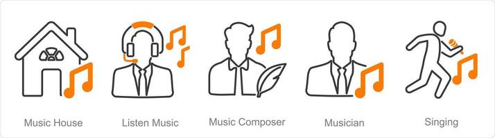 A set of 5 Music icons as music house, listen music, music composer vector