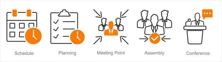 A set of 5 Meeting icons as schedule, planning, meeting point, assembly vector