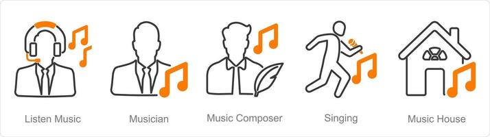 A set of 5 Music icons as listen music, musician, music composer vector