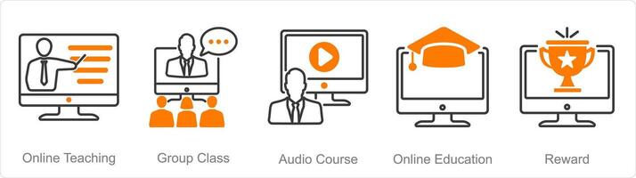 A set of 5 Online Education icons as online teaching, group class, audio course vector