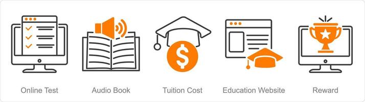 A set of 5 Online Education icons as online test, audio book, tuition cost vector