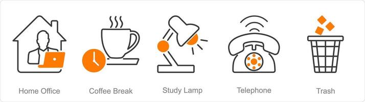 A set of 5 Office icons as home office, coffee break, study lamp vector