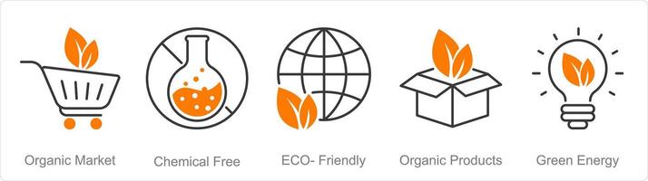 A set of 5 Organic Farming icons as organic market, chemical free, eco friendly vector