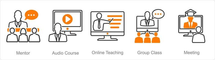 A set of 5 Online Education icons as mentor, audio course, online teaching vector