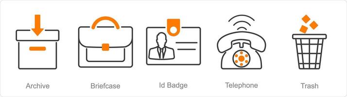 A set of 5 Office icons as archive, briefcase, id badge vector