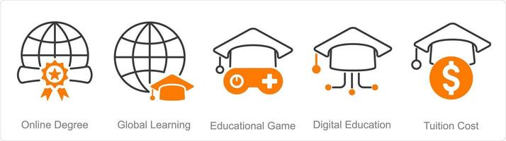 A set of 5 Online Education icons as online degree, global learning, educational game vector