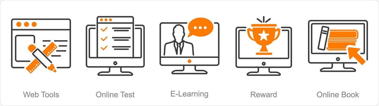 A set of 5 Online Education icons as web tools, online test, e-learning vector