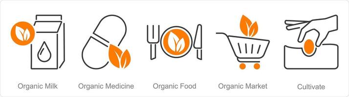 A set of 5 Organic Farming icons as organic milk, organic medicine, organic food vector