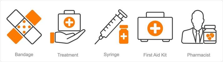 A set of 5 Pharmacy icons as bandage, treatment, syringe vector