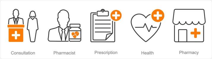 A set of 5 Pharmacy icons as consultation, pharmacist, prescription vector